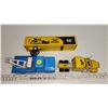 Image 1 : Yellow CAT semi truck and trailer (trailer is missing some tires and pin) & blue truck toy