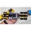 Image 6 : Yellow CAT semi truck and trailer (trailer is missing some tires and pin) & blue truck toy