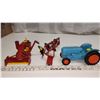 Image 2 : Blue tractor toy & Massey-Fergusson metal combine & "International" plow trailer