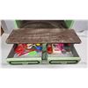Image 3 : Childrens green wooden vintage cabinet/kitchenette playset, with assorted toys inside - 18"W x 30"H 