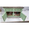 Image 4 : Childrens green wooden vintage cabinet/kitchenette playset, with assorted toys inside - 18"W x 30"H 