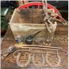 Image 1 : Wooden Crate of Collectibles Horse shoes, Gaff, Oilers, Blacksmith Tool, etc.