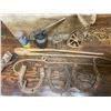 Image 2 : Wooden Crate of Collectibles Horse shoes, Gaff, Oilers, Blacksmith Tool, etc.