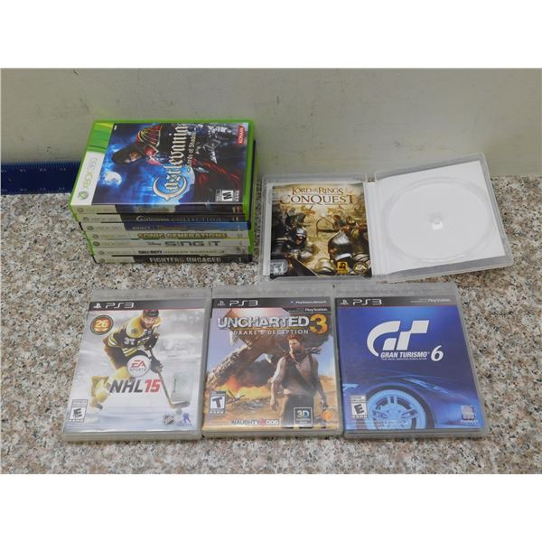 Lot of 7 XBOX 360 Games, 3 PS3 Games Gran Turismo NHL 15 Conquest Uncharted 3 Sonic Castlevania COD