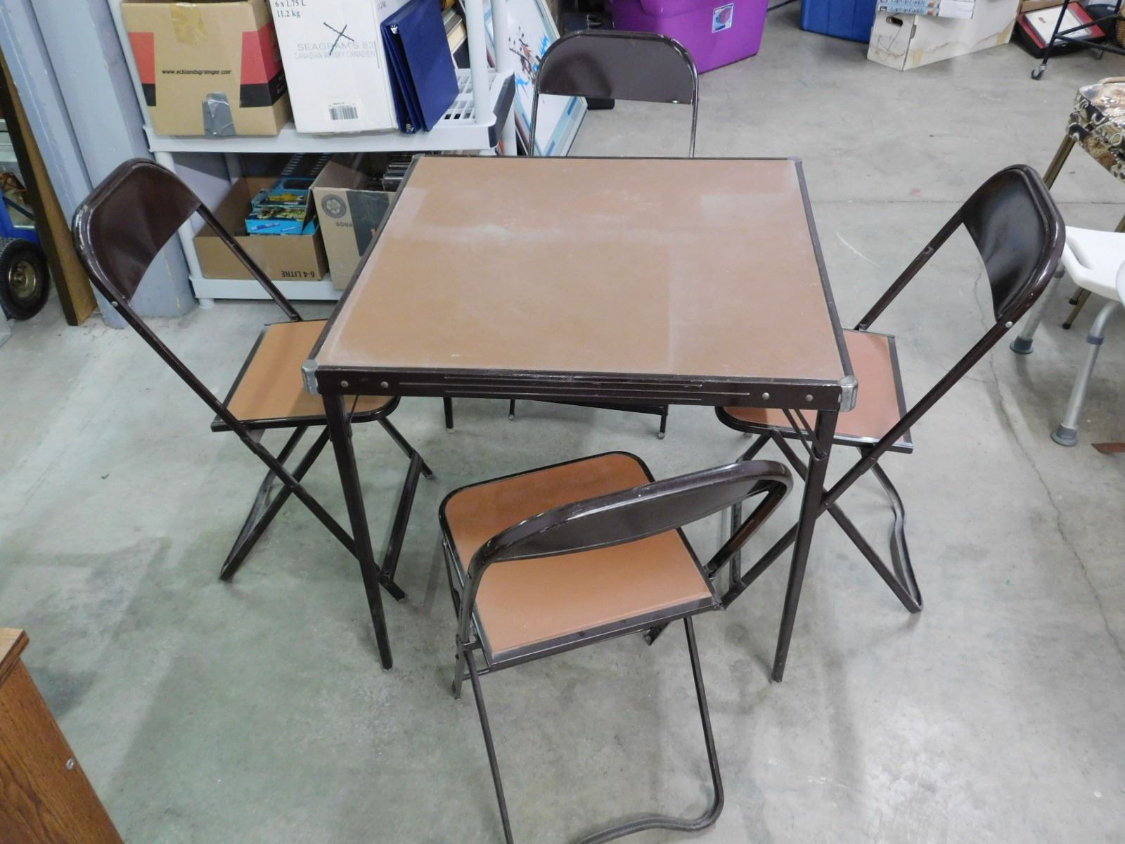 Vintage Playing Card Table + 4 Chairs Folding Poker Table Set Up Brown Metal