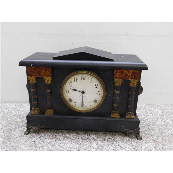 Antique Session Mantle Clock Wooden Black 4 Column Pillar Style