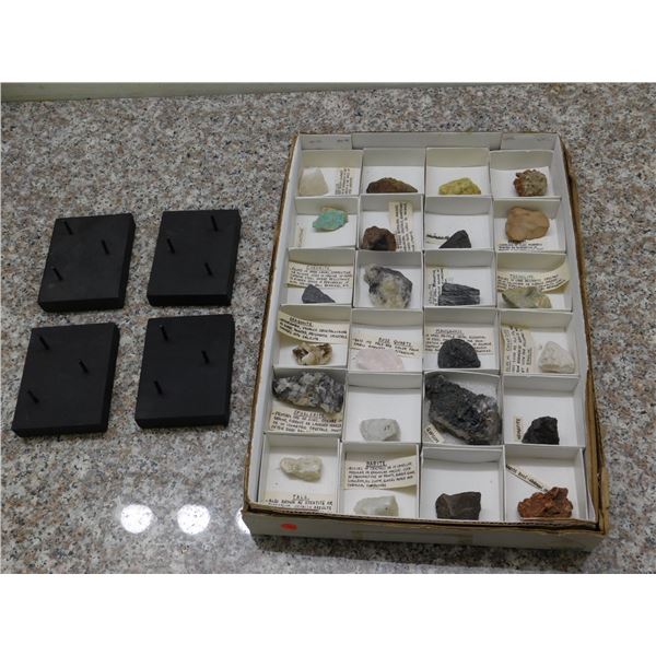 Box of 24 Rock / Mineral Specimens Catalogued + 4 Specimen Stands Rose ...