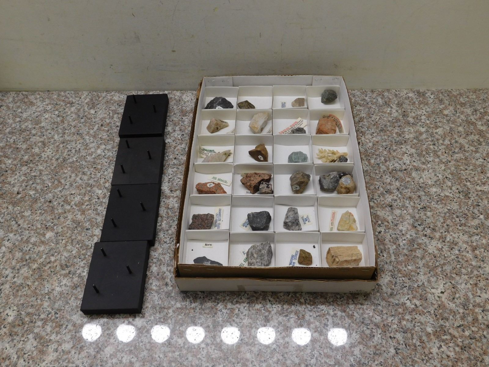 Box of 24 Rock / Mineral Specimens Catalogued + 4 Specimen Stands ...