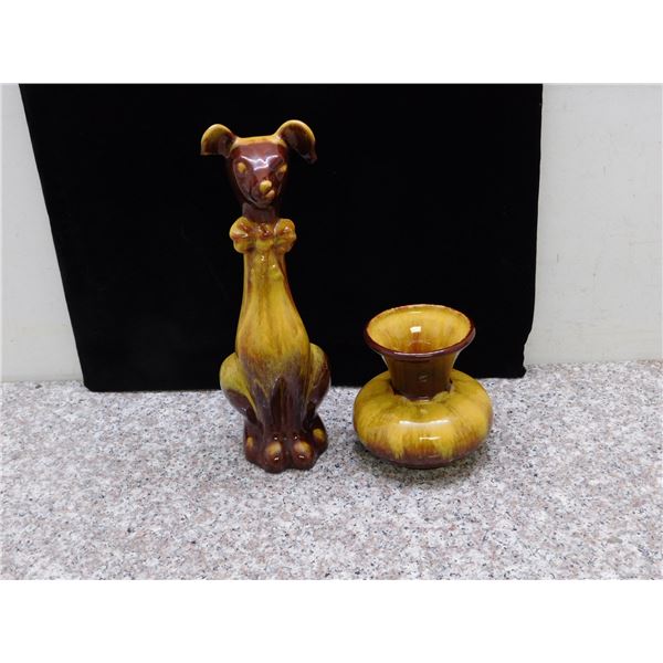 Lot of 2 Blue Mountain Pottery Harvest Gold Vase and Dog Statue