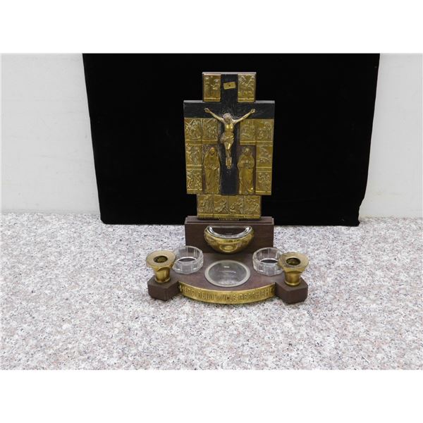 Holy Water Font Brass Relief Candle Holders Religious Jesus on a Cross