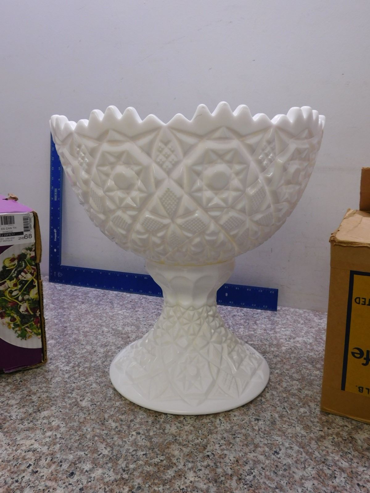 Huge Fostoria Winburn Milk Glass Punch Bowl Set 12 Cups Bowl and Stand