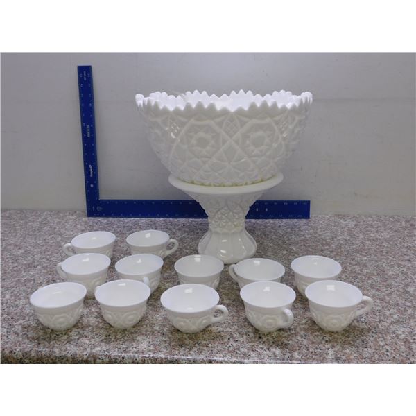 Huge Fostoria Winburn Milk Glass Punch Bowl Set 12 Cups Bowl and Stand