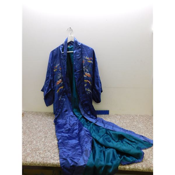 100 Real Silk Blue Kimono Robe House Robe Blue Embroidered