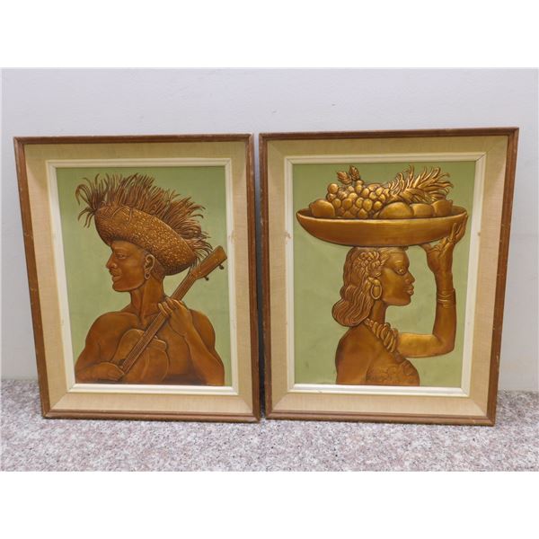 Copper Tooling Artist Signed Framed Pictures Musician and Gatherer Man and Woman