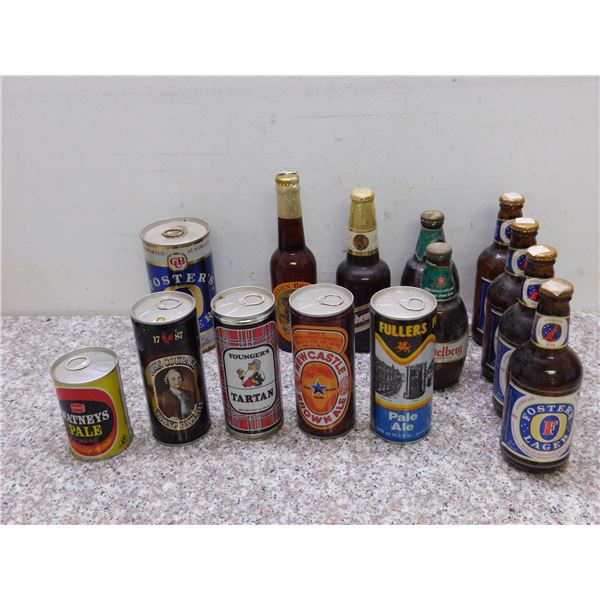 Lot of 14 European Beer Cans and Bottles Full, Steel Cans Fosters, Fullers, New Castle