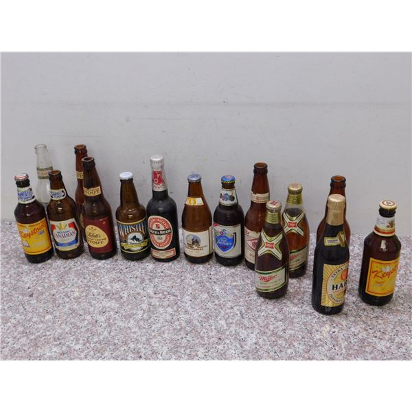 Lot of 14 Vintage Beer Bottles (6 full rest empty) Miller Molson Canadian Keystone Harp Etc