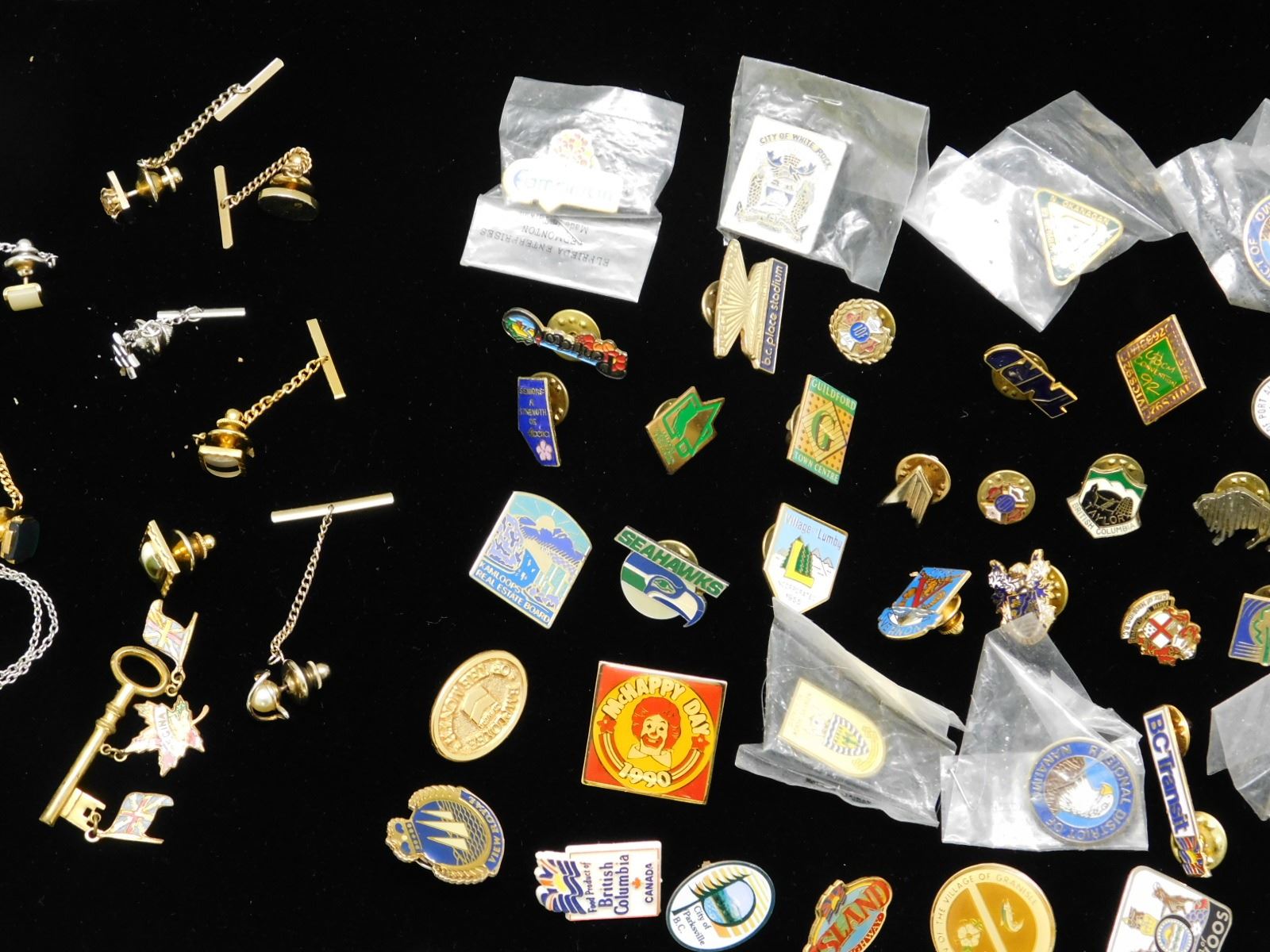 Lot of 84 Pins Lapel Enamel Metal Pinbacks Canadiana Travel and Tie