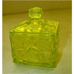 Hobstar Pattern Vaseline Glass Covered Box