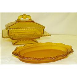 Amber Glass Butter Dish and Bread Plate