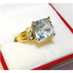 Blue Aqua Marine & Diamond  Ring in 14k