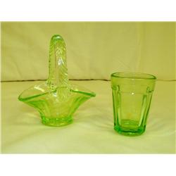 Green Vaseline Glass Basket and Toothpick Holder