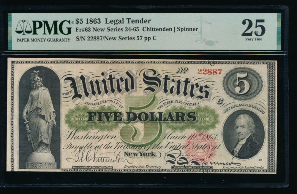 1863 $5 Legal Tender Note PMG 25
