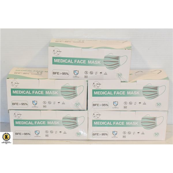 NEW CASE OF 5 DISPOSABLE MEDICAL FACE MASKS - 50