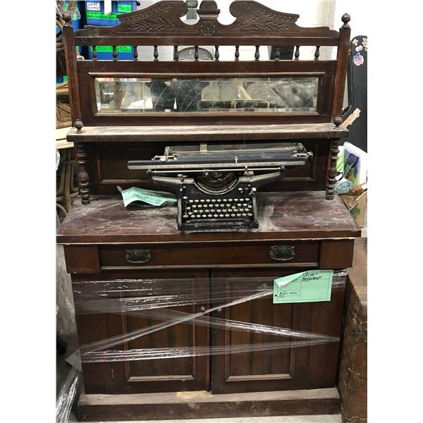 Antique wooden sideboard cabinet (approx 41" x 14" x 61" height) w/ mirror & antique Underwood typew