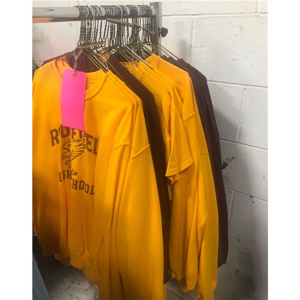 Group of Roosevelt high school sweaters / shirts & hoodies (yellow / purple & burgundy) w/ pins