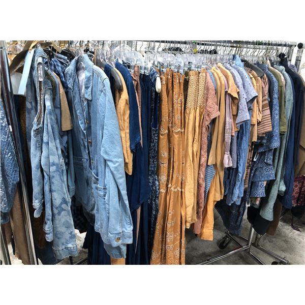 Rack lot of assorted outfits - includes "Ralph Lauren" dresses / denim jeaan jackets / pants / hipst