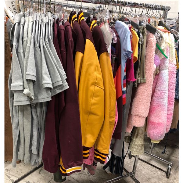 Rack lot of assorted outfits - includes gold & burgundy varsity jackets / rave outfits / sweaters / 