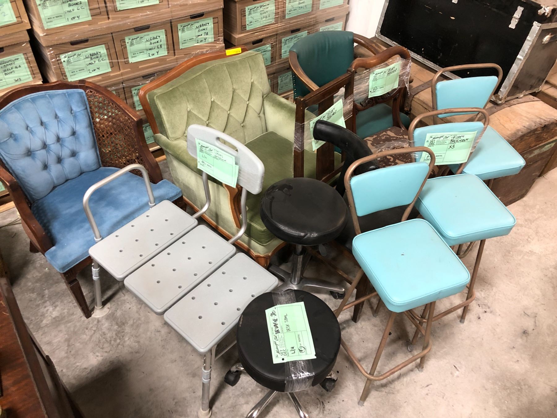 Group of assorted chairs - includes desk stool / bar stools / shower ...
