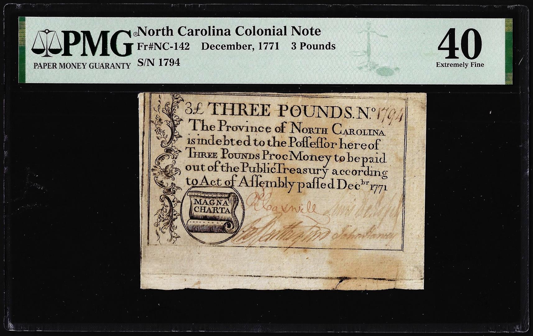 1771 North Carolina 3 Pounds Colonial Note NC-142 PMG Extremely Fine 40 ...
