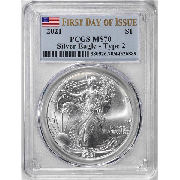 2021 Type 2 $1 American Silver Eagle Coin PCGS MS70 First Day of Issue