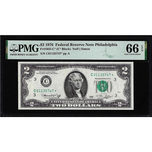 1976 $2 Federal Reserve STAR Note Fr.1935-C* Philadelphia PMG Gem Uncirculated 66EPQ