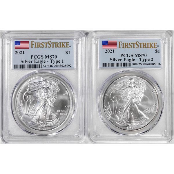 Lot of 2021 Type 1 & Type 2 $1 American Silver Eagle Coins PCGS MS70 First Strike