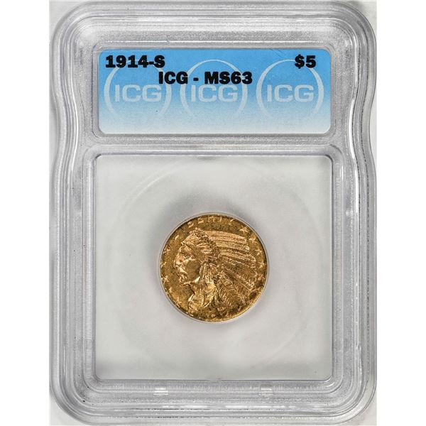 1914-S $5 Indian Head Half Eagle Gold Coin ICG MS63