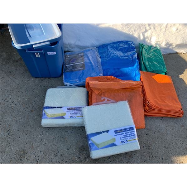 2 x Faux Sheepskin Wedge Cushions (Brand New) and Assortment of Tarps