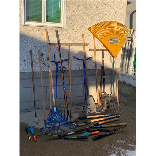 Assortment of Gardening Tools - Rakes, Hedge Trimmers, Pruning Shears and More!