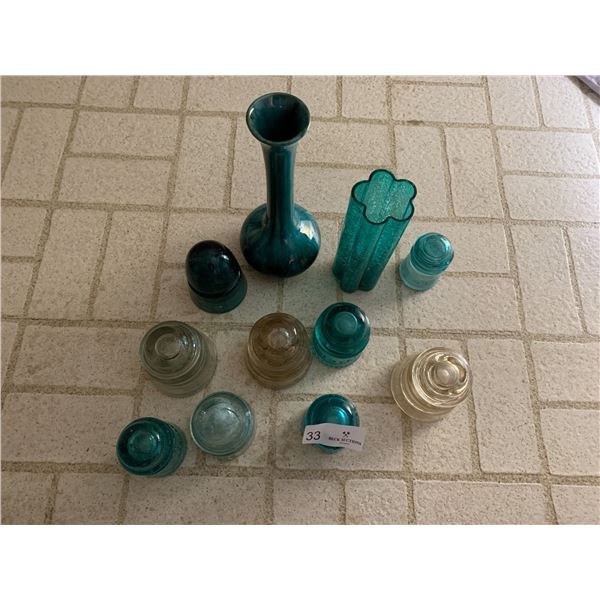 Vintage Glass Telephone Pole Insulators, BMP Vase, and Crackled Glass Vase