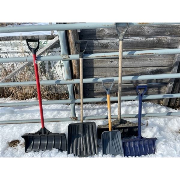 Assortment of 5 snow shovels.