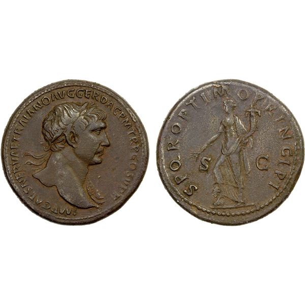 ROMAN EMPIRE: Trajan, 98-117 AD, AE sestertius (27.09g), Rome, struck 103-111 AD, Choice VF