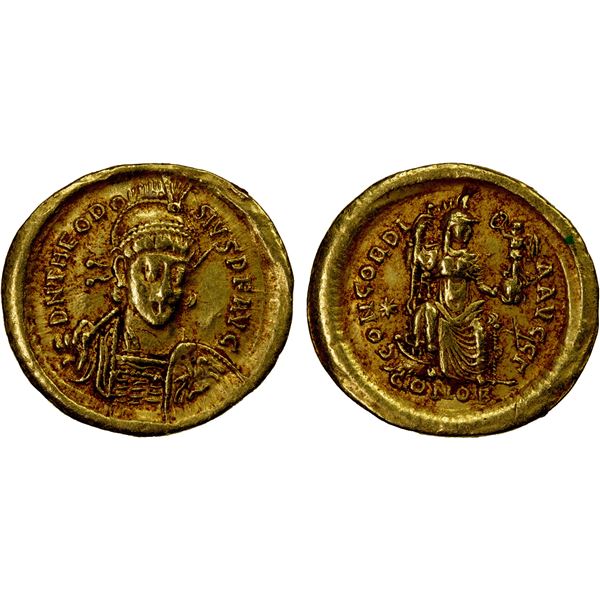 ROMAN EMPIRE: Theodosius II, 402-450 AD, AV solidus (4.39g), Constantinople, struck 408-420 AD, VF