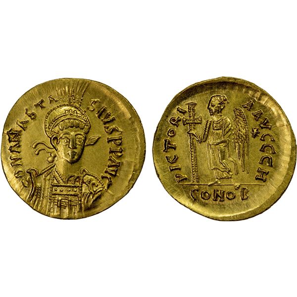 BYZANTINE EMPIRE: Anastasius I, 491-518, AV solidus (4.49g), Constantinople, lustrous EF-AU