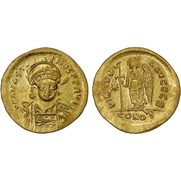 BYZANTINE EMPIRE: Anastasius I, 491-518, AV solidus (4.42g), Constantinople, lustrous AU