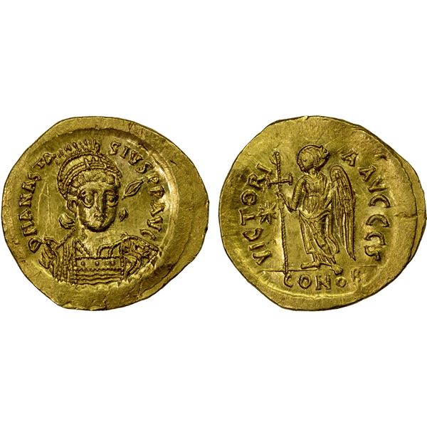 BYZANTINE EMPIRE: Anastasius I, 491-518, AV solidus (4.49g), Constantinople, Choice AU