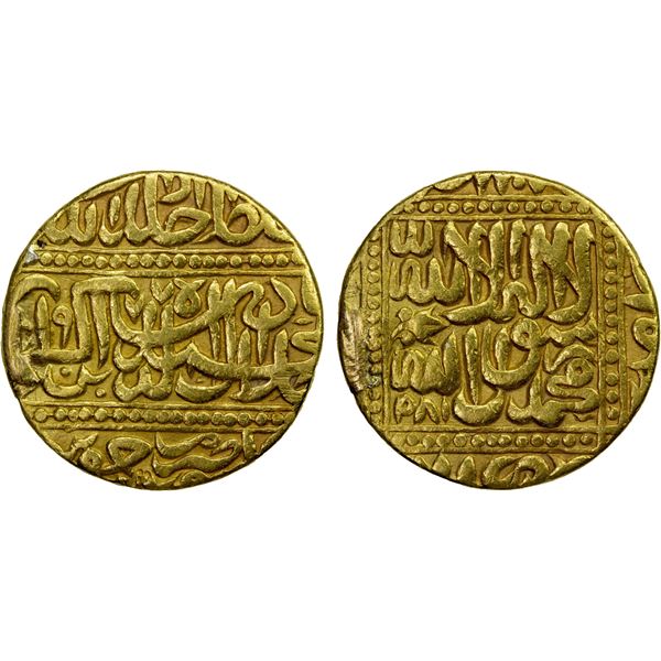 MUGHAL: Akbar I, 1556-1605, AV mohur (10.35g), Jaunpur, AH977, VF