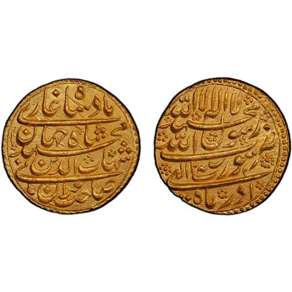 MUGHAL: Shah Jahan I, 1628-1658, AV mohur (10.93g), Surat, year 2, PCGS Unc details