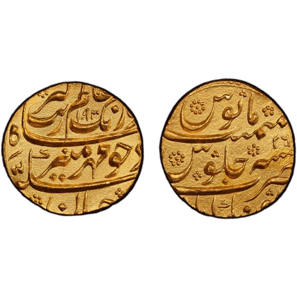MUGHAL: Aurangzeb, 1658-1707, AV mohur (10.97g), Aurangabad, AH1093 year 26, PCGS MS64