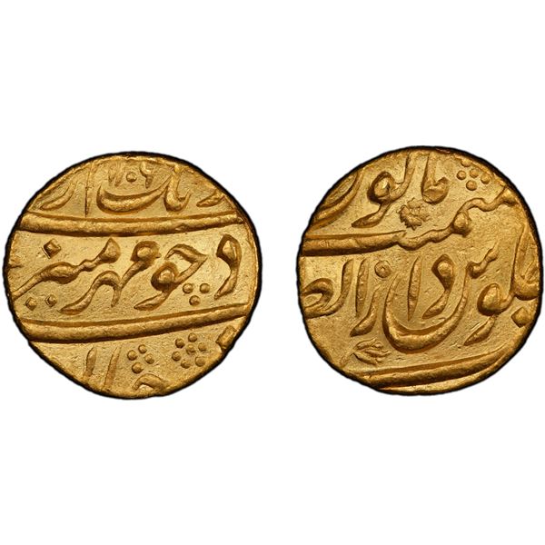 MUGHAL: Aurangzeb, 1658-1707, AV mohur (10.83g), Bijapur, AH1106 year (3)8, PCGS AU58